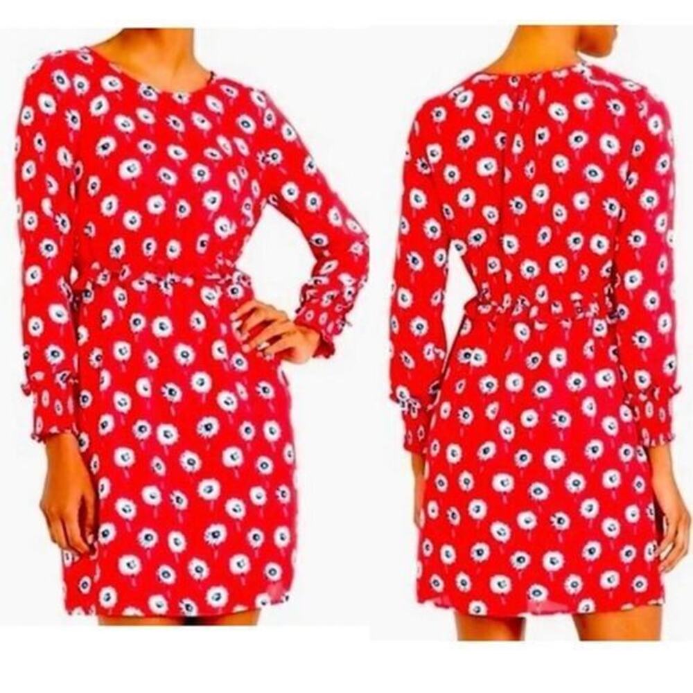 J. Crew Factory Long Sleeve Dress Red Floral Elastic Waist Ruffles Lined size 4